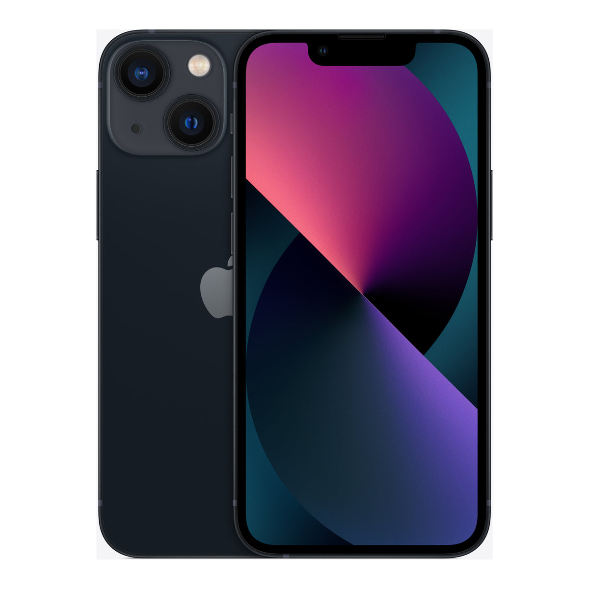 Apple iPhone 13 mini in Midnight, front and back