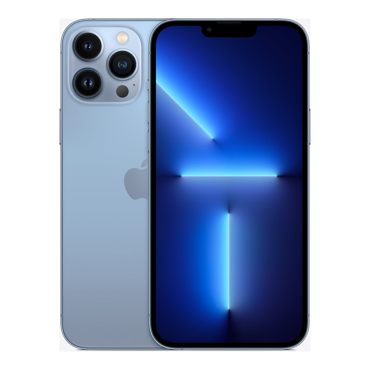 Apple iPhone 13 Pro Max in Sierra Blue, front and back