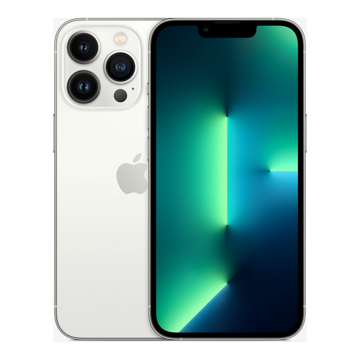Apple iPhone 13 Pro in Silver, front and back