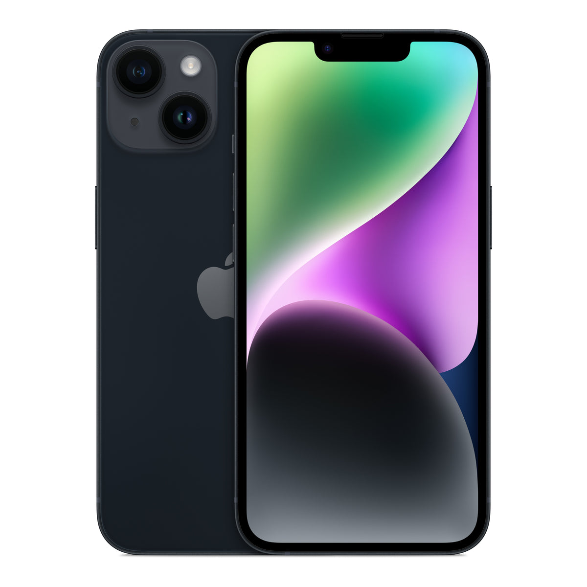 Apple iPhone 14 in Midnight, front and back