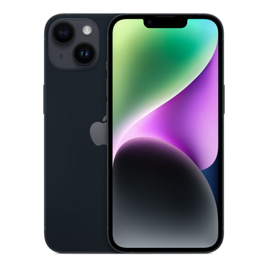 Apple iPhone 14 in Midnight, front and back