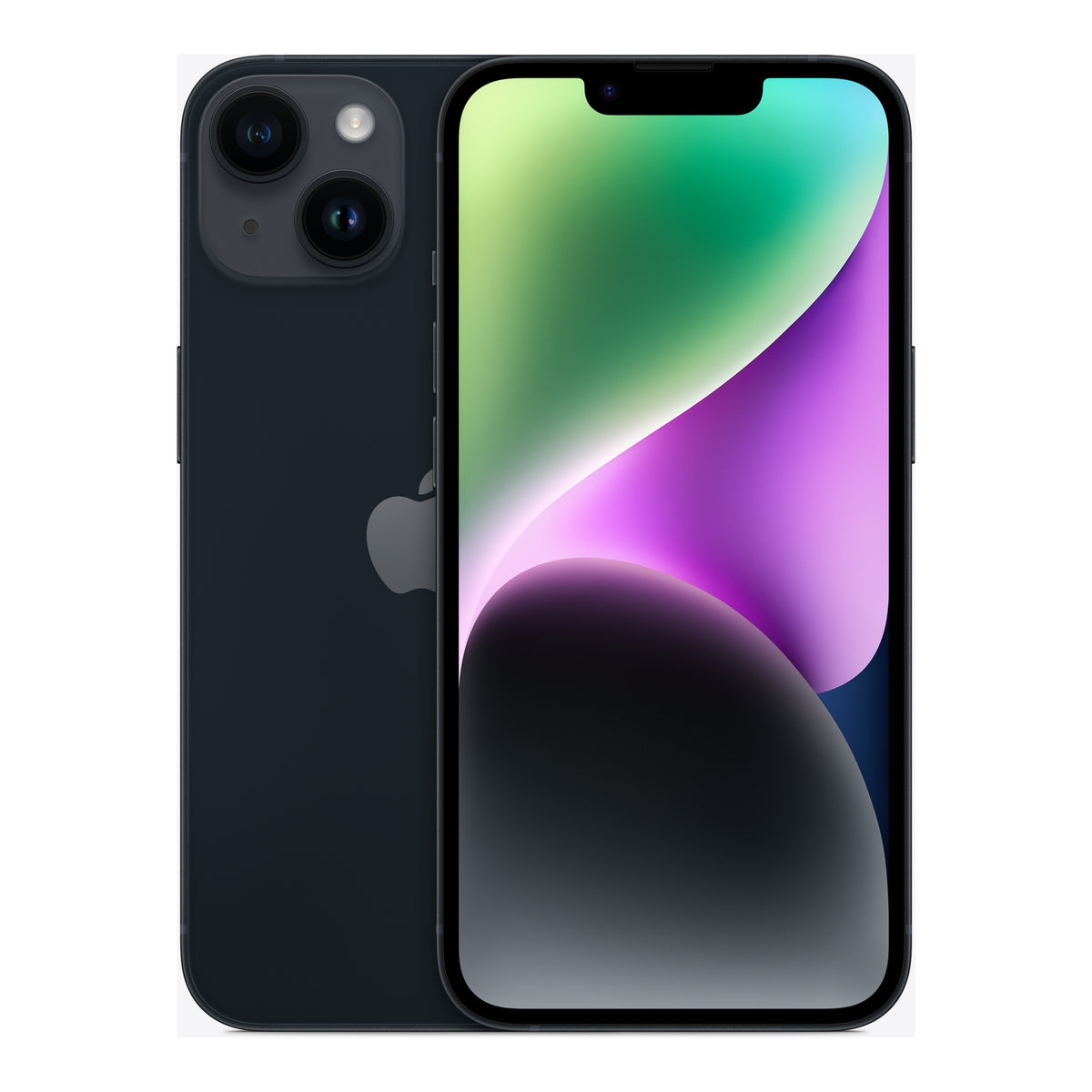 Apple iPhone 14 in Midnight, front and back