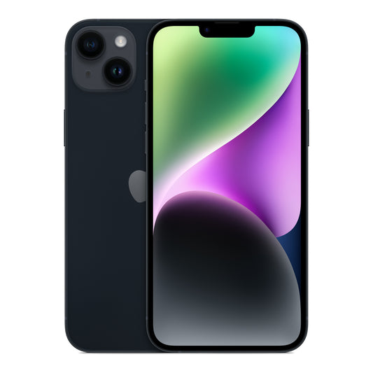 Apple iPhone 14 Plus in Midnight, front and back