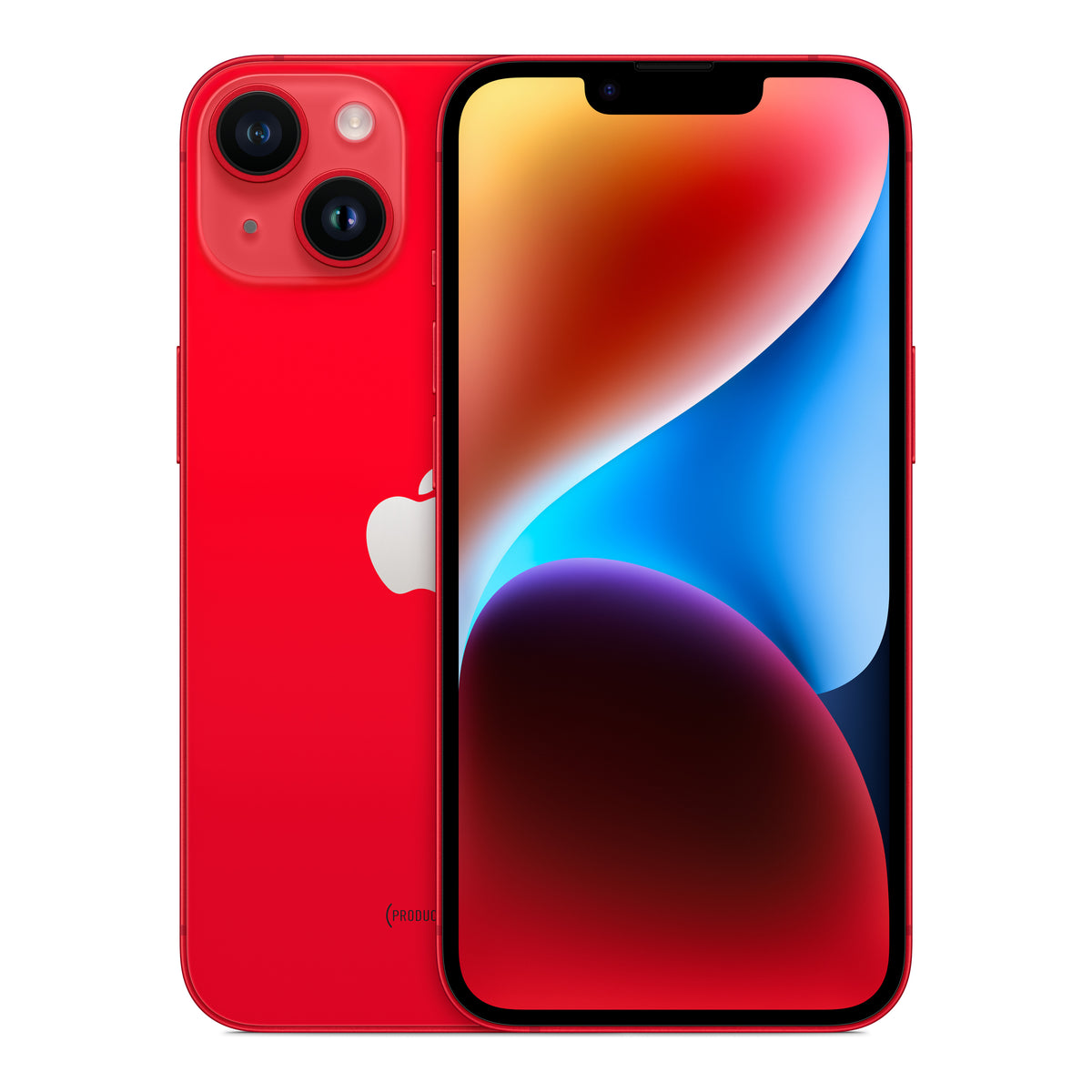 Apple iPhone 14 in (PRODUCT)RED, front and back