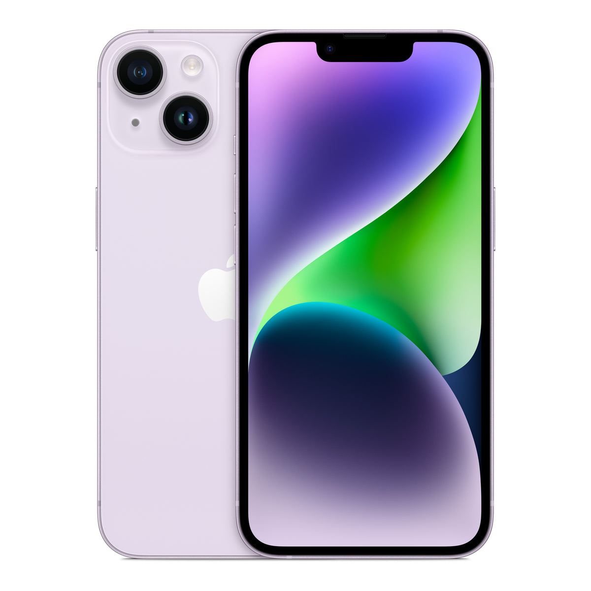 Apple iPhone 14 in Purple, front and back