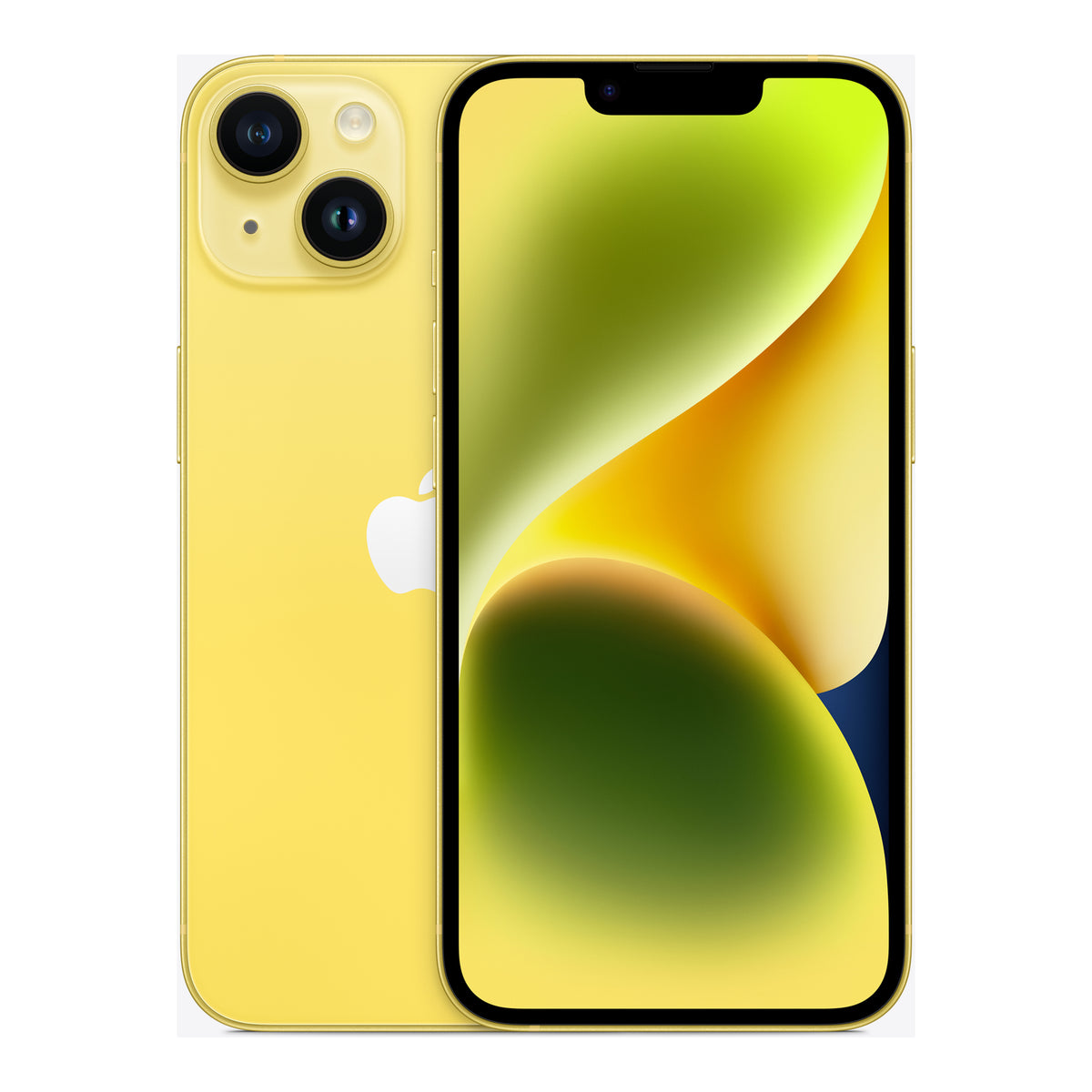 Apple iPhone 14 in Yellow, front and back