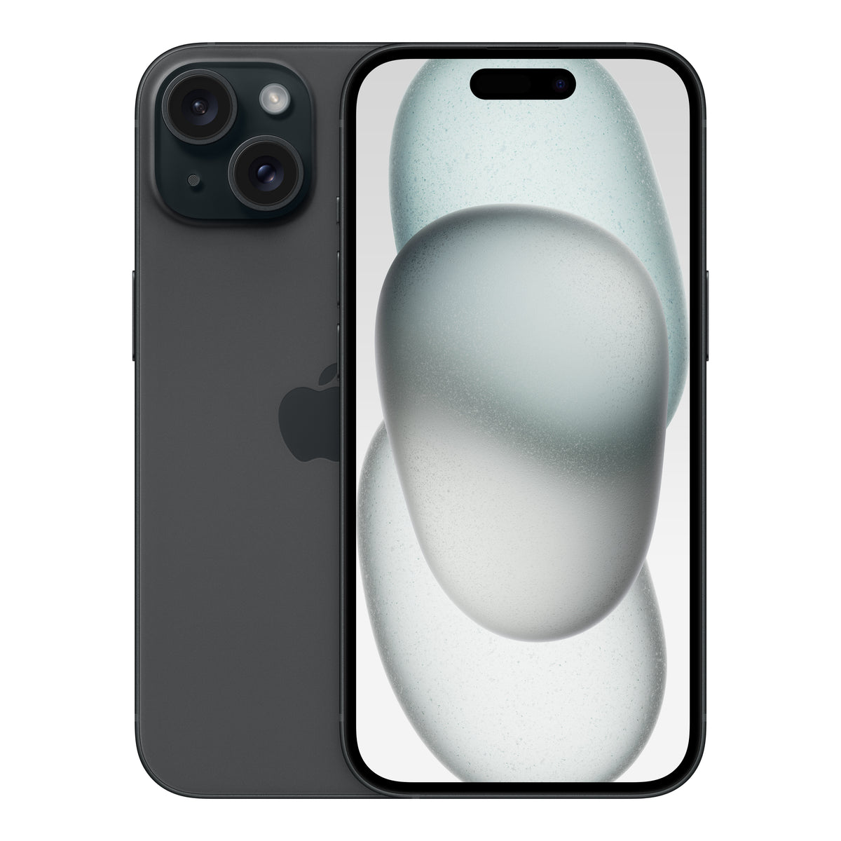Apple iPhone 15 in Black, front and back