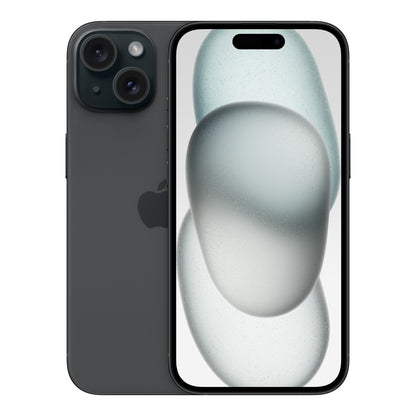 Apple iPhone 15 in Black, front and back