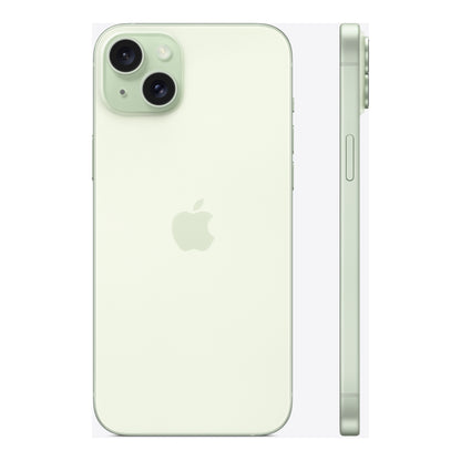 Apple iPhone 15 Plus in Green, angled view