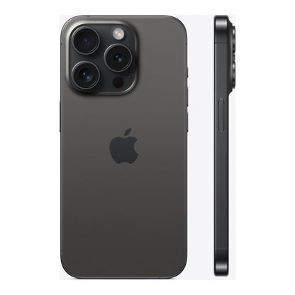 Apple iPhone 15 Pro in Black Titanium, front and back