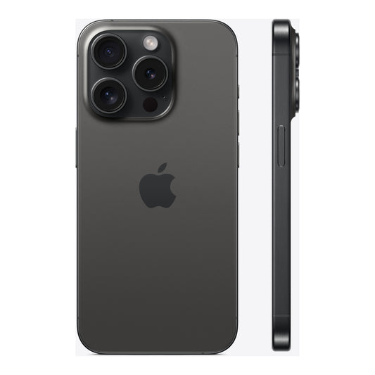 Apple iPhone 15 Pro in Black Titanium, front and back