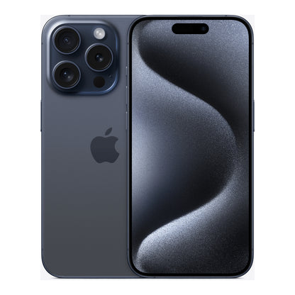 Apple iPhone 15 Pro in Blue Titanium, front and back