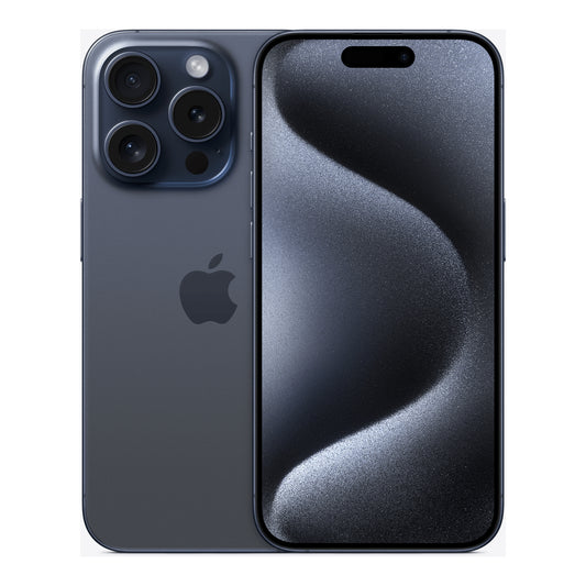 Apple iPhone 15 Pro in Blue Titanium, front and back