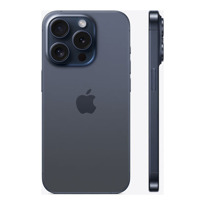 Apple iPhone 15 Pro in Blue Titanium, angled view