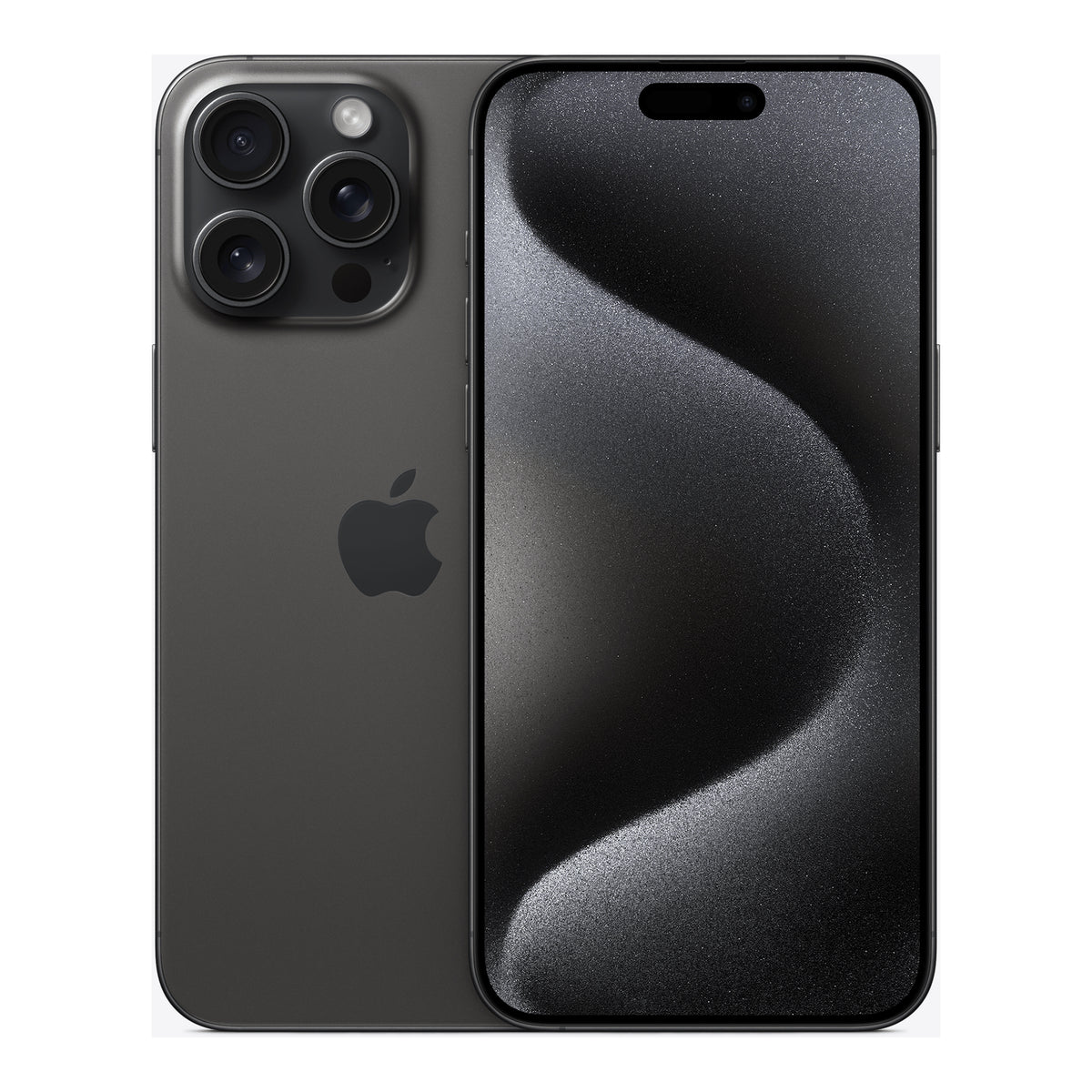 Apple iPhone 15 Pro Max in Black Titanium, front and back