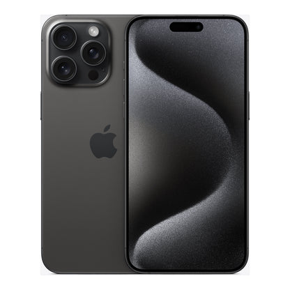 Apple iPhone 15 Pro Max in Black Titanium, front and back