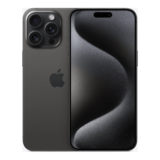 Apple iPhone 15 Pro Max in Black Titanium, front and back
