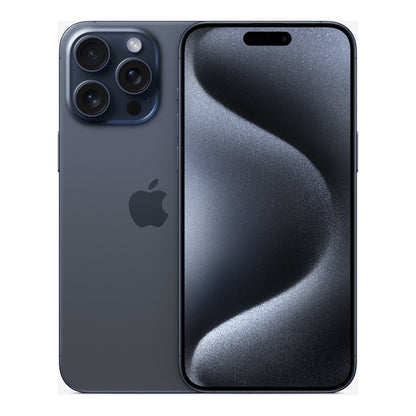 Apple iPhone 15 Pro Max in Blue Titanium, front and back