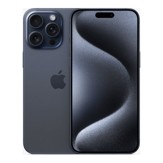 Apple iPhone 15 Pro Max in Blue Titanium, front and back