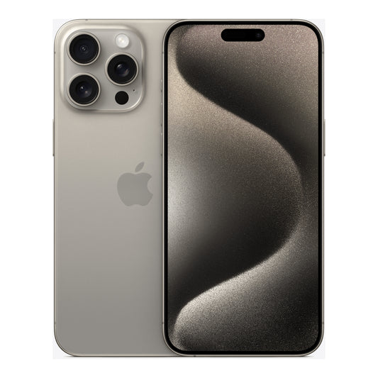 Apple iPhone 15 Pro Max in Natural Titanium, front and back