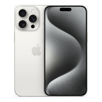 Apple iPhone 15 Pro Max in White Titanium, front and back