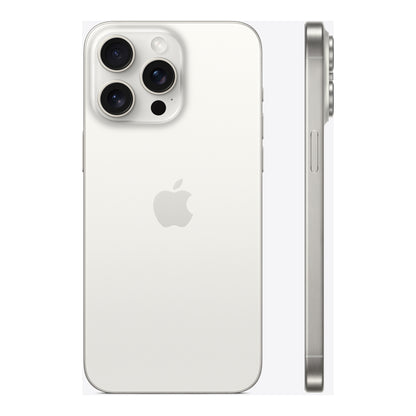 Apple iPhone 15 Pro Max in White Titanium, angled view