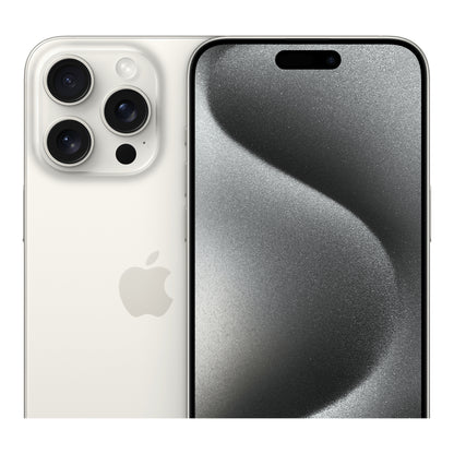 Apple iPhone 15 Pro Max in White Titanium, angled view