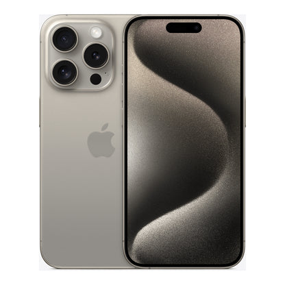 Apple iPhone 15 Pro in Natural Titanium, front and back