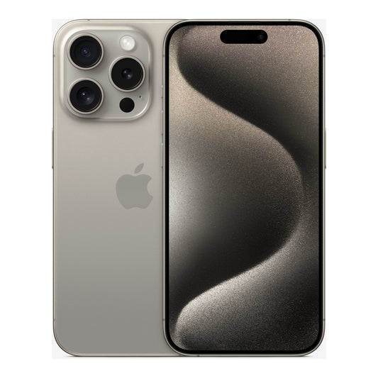 Apple iPhone 15 Pro in Natural Titanium, front and back