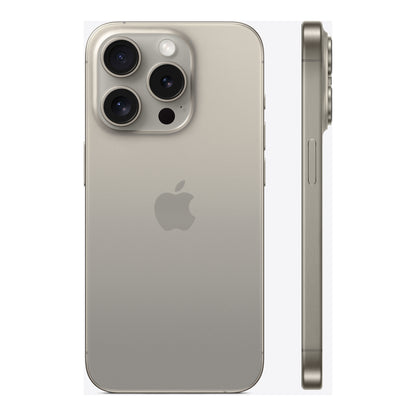 Apple iPhone 15 Pro in Natural Titanium, angled view