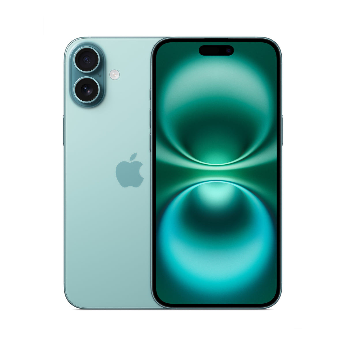Apple iPhone 16 Plus in Teal, front and back