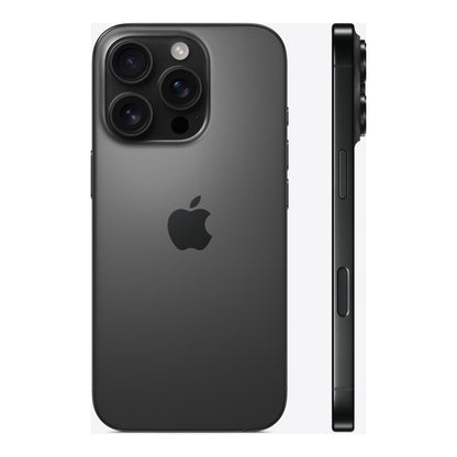 Apple iPhone 16 Pro in Black Titanium, front and back
