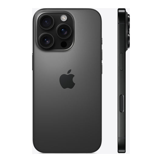 Apple iPhone 16 Pro in Black Titanium, front and back