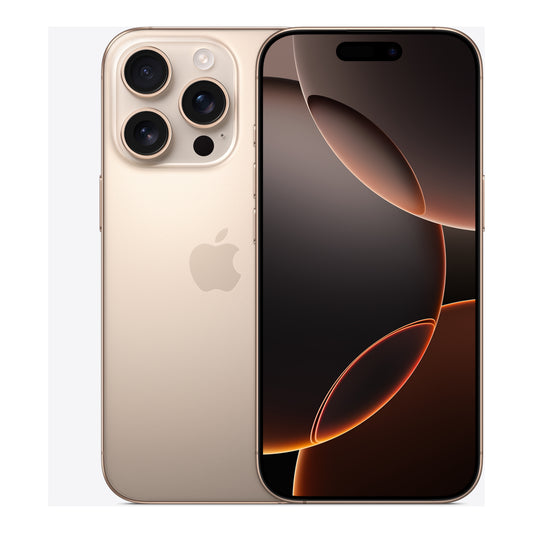 Apple iPhone 16 Pro in Desert Titanium, front and back