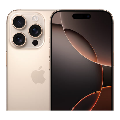 Apple iPhone 16 Pro in Desert Titanium, angled view