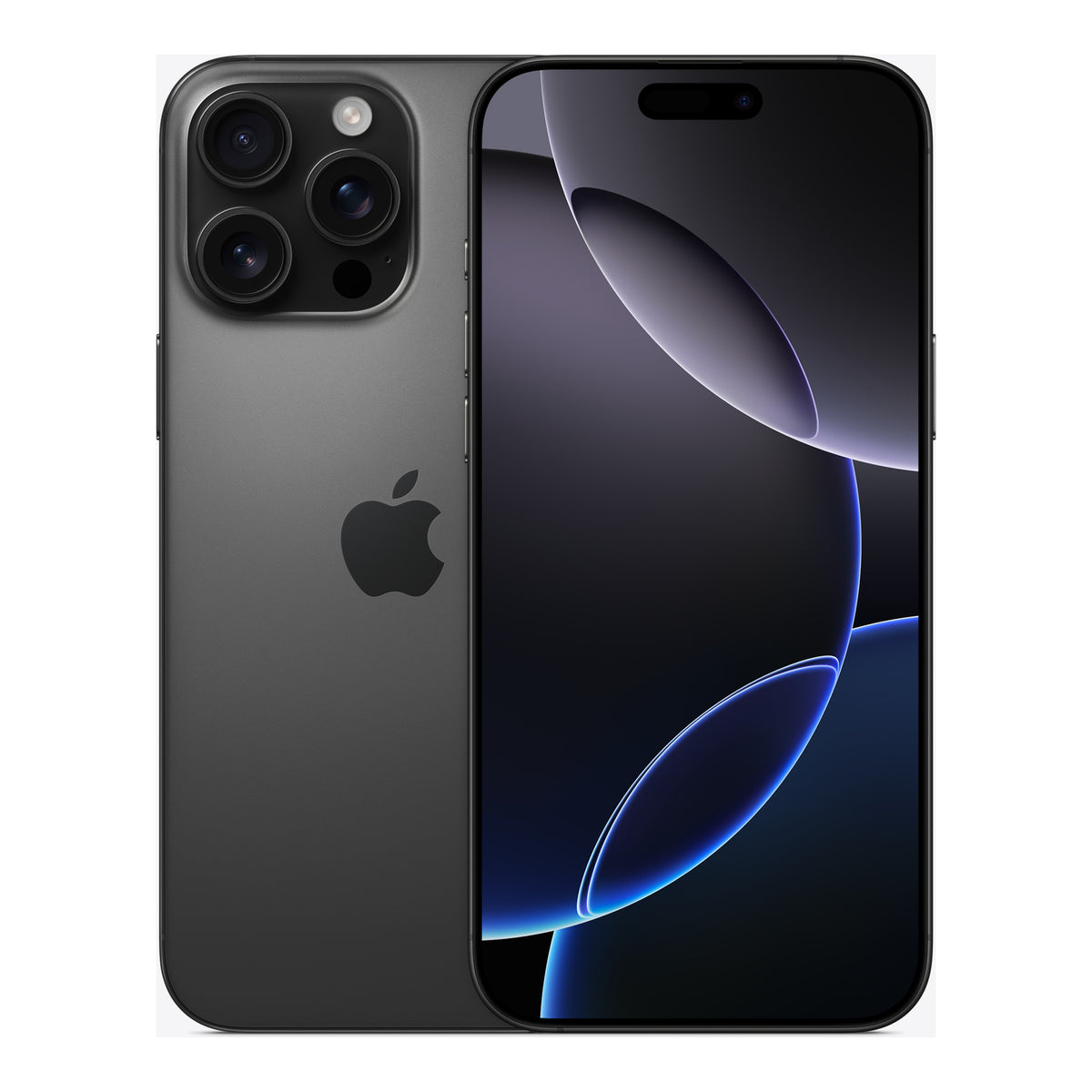 Apple iPhone 16 Pro Max in Black Titanium, front and back