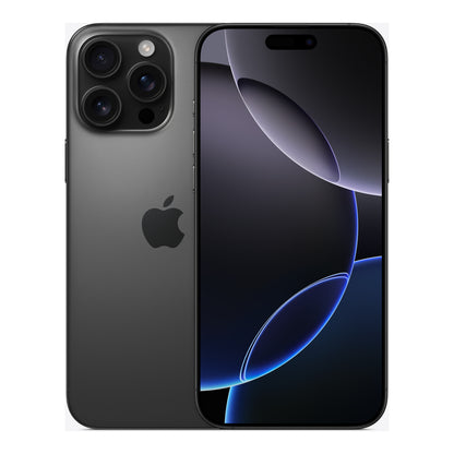 Apple iPhone 16 Pro Max in Black Titanium, front and back