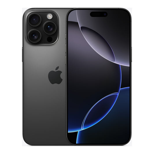 Apple iPhone 16 Pro Max in Black Titanium, front and back