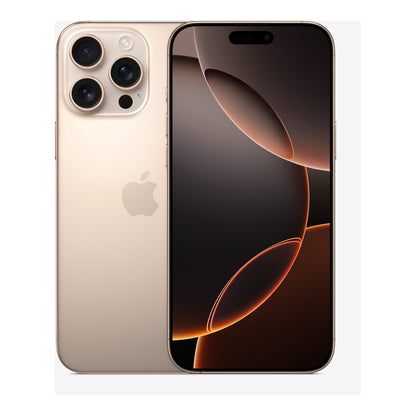 Apple iPhone 16 Pro Max in Desert Titanium, front and back