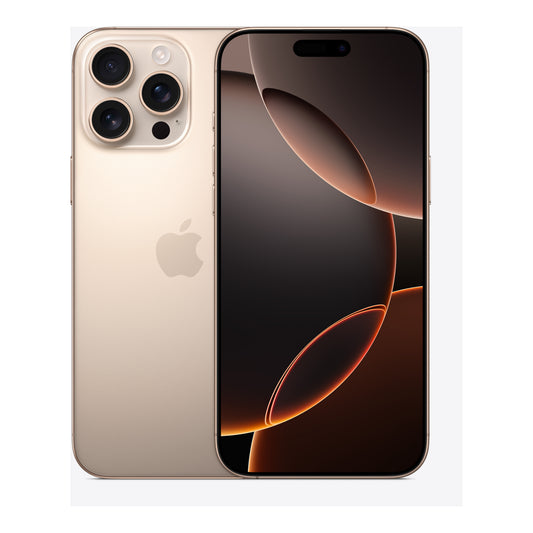 Apple iPhone 16 Pro Max in Desert Titanium, front and back