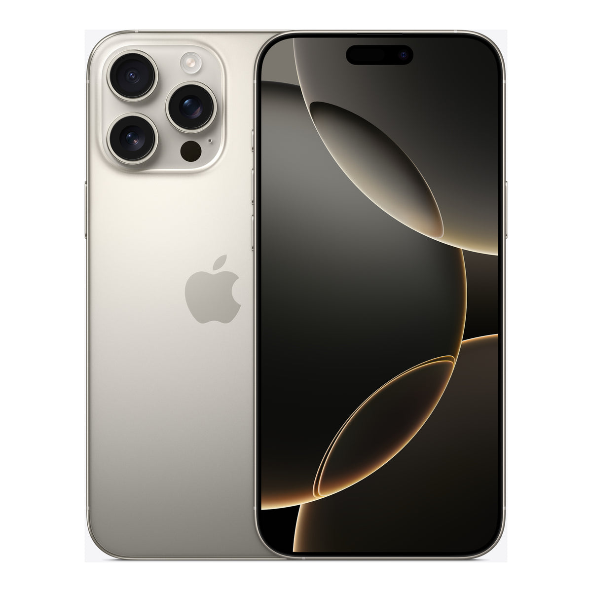 Apple iPhone 16 Pro Max in Natural Titanium, front and back