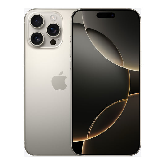 Apple iPhone 16 Pro Max in Natural Titanium, front and back