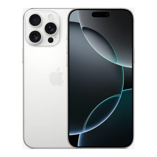 Apple iPhone 16 Pro Max in White Titanium, front and back