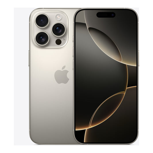 Apple iPhone 16 Pro in Natural Titanium, front and back