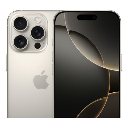 Apple iPhone 16 Pro in Natural Titanium, angled view