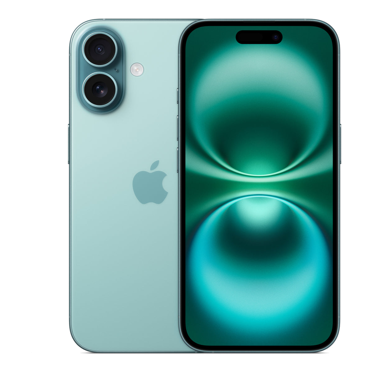 Apple iPhone 16 in Teal, front and back