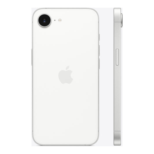 Apple iPhone 16e in White, front and back