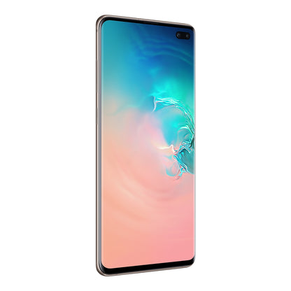 Samsung Galaxy S10+ in Ceramic White, angled view (left)