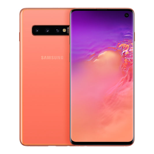 Samsung Galaxy S10 in Flamingo Pink, front and back