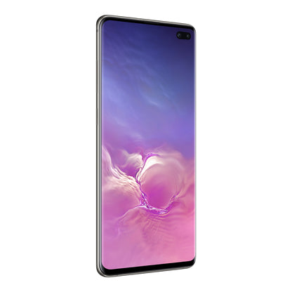 Samsung Galaxy S10+ in Prism Black, angled view (left)
